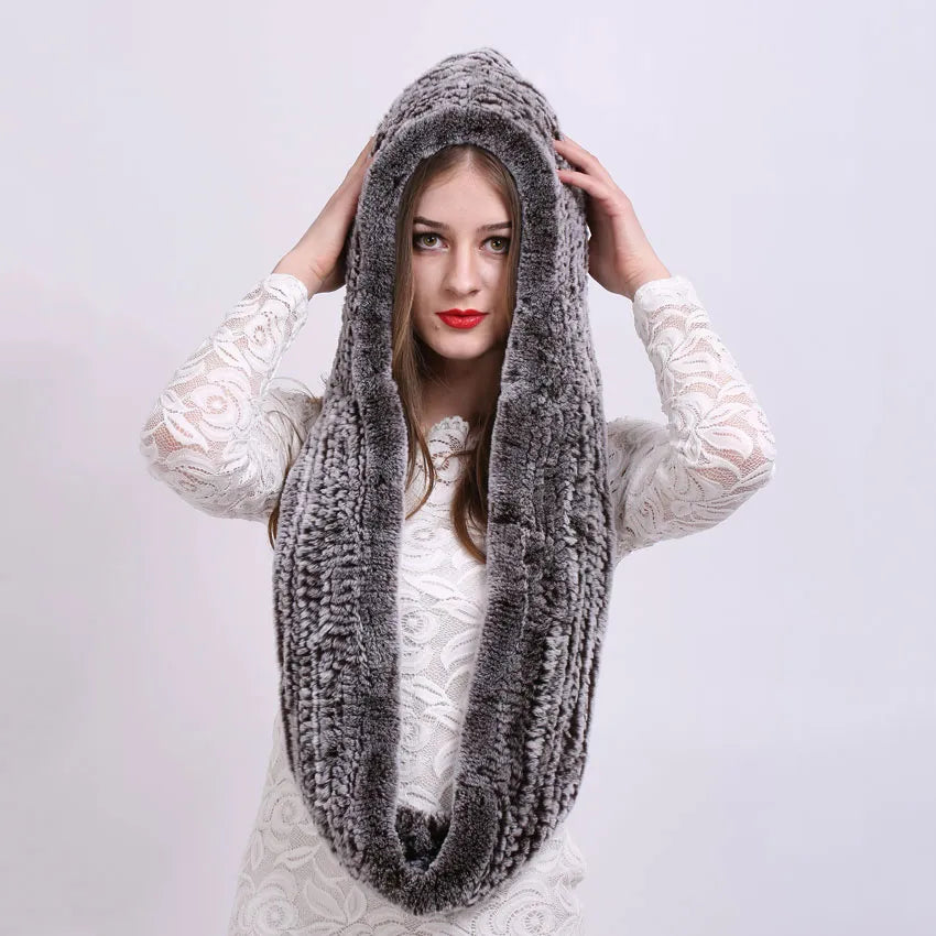 Women Knitted Real Rex Rabbit Fur Hat Hooded Scarf Winter Hats for Woman Fall Cap Warm Natural Fur Hat with Neck Scarves Bonnets