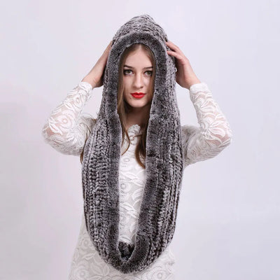 Women Knitted Real Rex Rabbit Fur Hat Hooded Scarf Winter Hats for Woman Fall Cap Warm Natural Fur Hat with Neck Scarves Bonnets