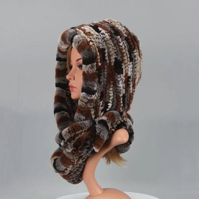 Women Knitted Real Rex Rabbit Fur Hat Hooded Scarf Winter Hats for Woman Fall Cap Warm Natural Fur Hat with Neck Scarves Bonnets