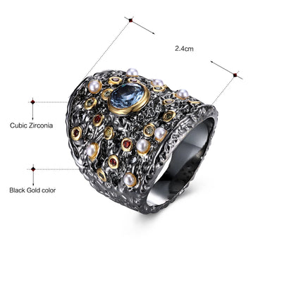 DreamCarnival 1989 Gorgeous Big Women Ring Blue Zircon Baroque Colorful CZ Pearl Beads Christmas Party Jewlery Wholesale WA11584