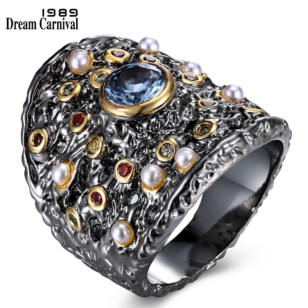 DreamCarnival 1989 Gorgeous Big Women Ring Blue Zircon Baroque Colorful CZ Pearl Beads Christmas Party Jewlery Wholesale WA11584