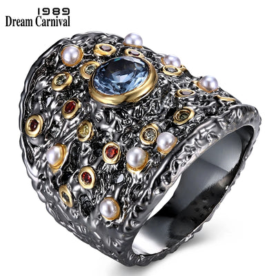 DreamCarnival 1989 Gorgeous Big Women Ring Blue Zircon Baroque Colorful CZ Pearl Beads Christmas Party Jewlery Wholesale WA11584