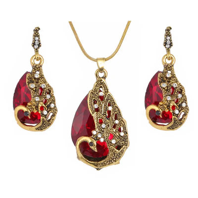 Hesiod New Vintage Women Elegant Peacock Waterdrop Rhinestone Pendant Necklace Earrings Crystal Jewelry Set Wedding Jewlery