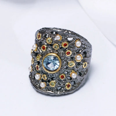 DreamCarnival 1989 Gorgeous Big Women Ring Blue Zircon Baroque Colorful CZ Pearl Beads Christmas Party Jewlery Wholesale WA11584