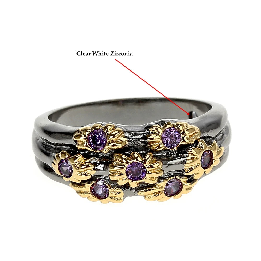 DreamCarnival 1989 Neo-Gothic Rings Women Wedding Band Golden Color Flowers with Purple Zircon Fashion Jewlery Wholesale WA11638