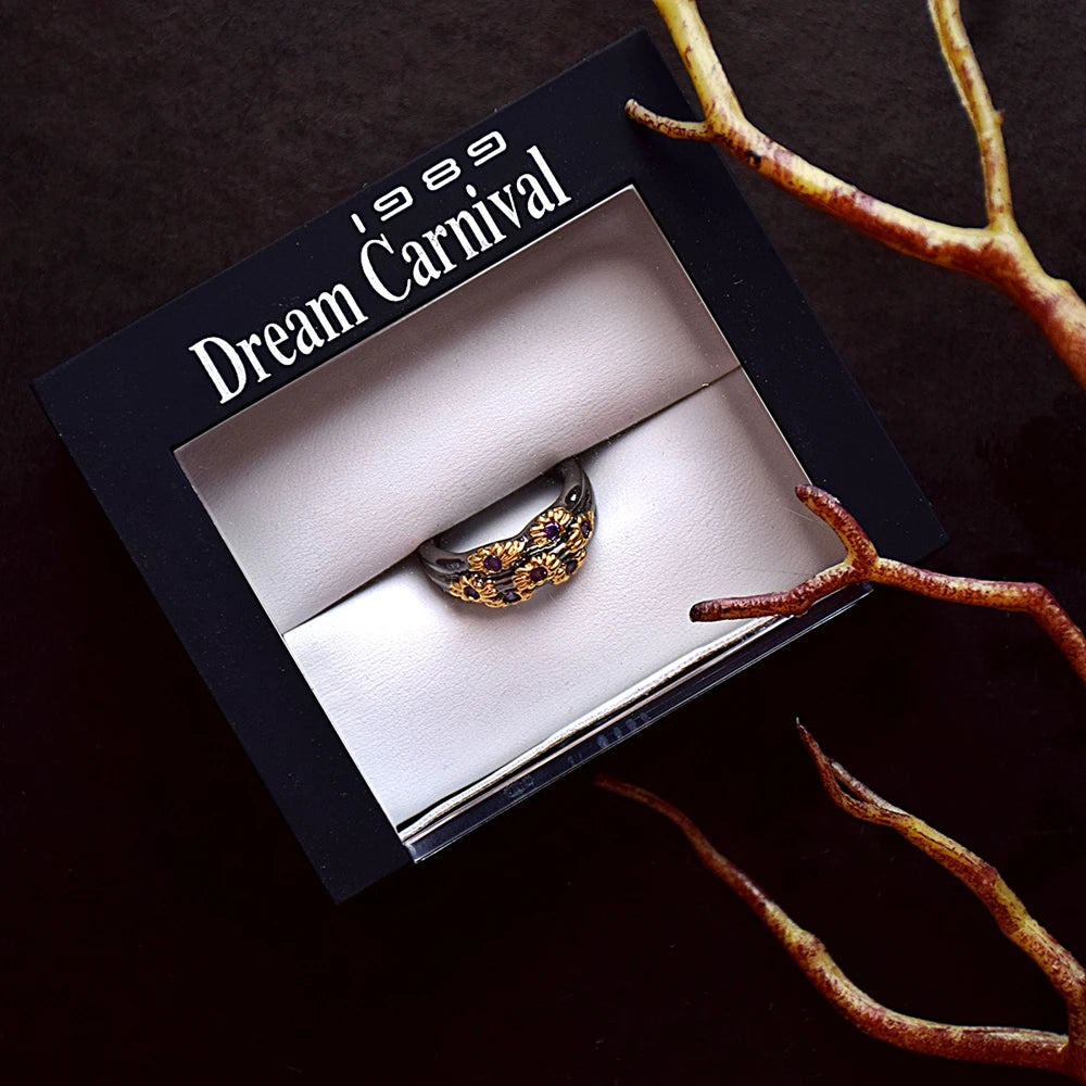 DreamCarnival 1989 Neo-Gothic Rings Women Wedding Band Golden Color Flowers with Purple Zircon Fashion Jewlery Wholesale WA11638