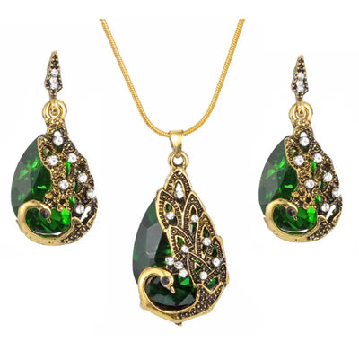 Hesiod New Vintage Women Elegant Peacock Waterdrop Rhinestone Pendant Necklace Earrings Crystal Jewelry Set Wedding Jewlery