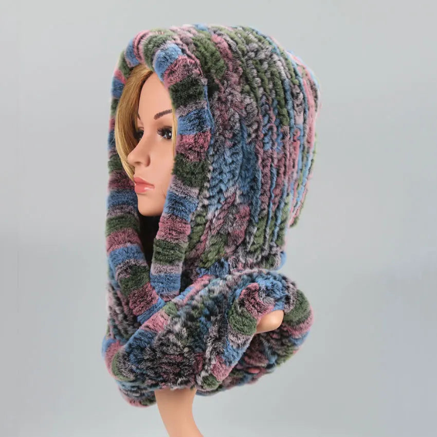 Women Knitted Real Rex Rabbit Fur Hat Hooded Scarf Winter Hats for Woman Fall Cap Warm Natural Fur Hat with Neck Scarves Bonnets