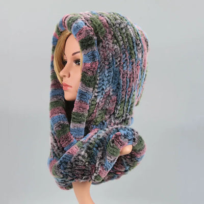 Women Knitted Real Rex Rabbit Fur Hat Hooded Scarf Winter Hats for Woman Fall Cap Warm Natural Fur Hat with Neck Scarves Bonnets