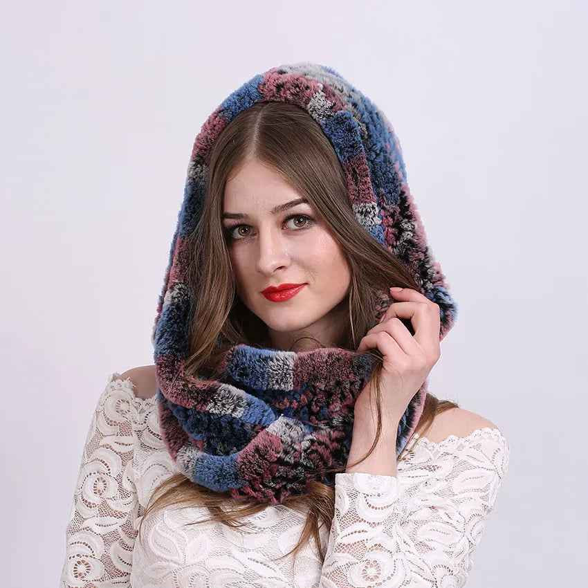 Women Knitted Real Rex Rabbit Fur Hat Hooded Scarf Winter Hats for Woman Fall Cap Warm Natural Fur Hat with Neck Scarves Bonnets
