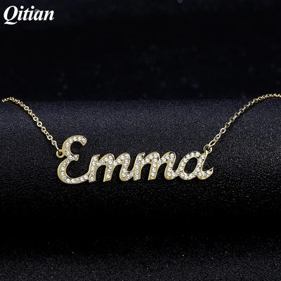 Qitian Custom Crystal Name Necklace Personalized BlingBling Stone Name Necklaces Stainless Steel Jewlery For Women Best Gifts