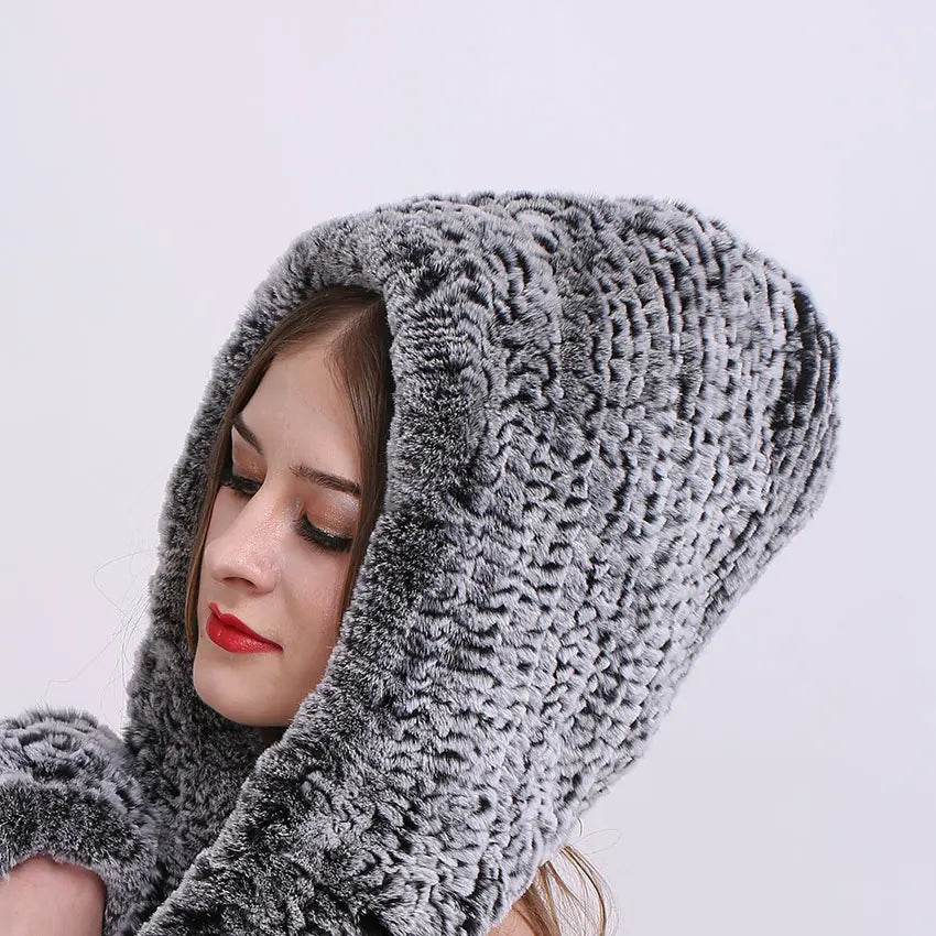 Women Knitted Real Rex Rabbit Fur Hat Hooded Scarf Winter Hats for Woman Fall Cap Warm Natural Fur Hat with Neck Scarves Bonnets