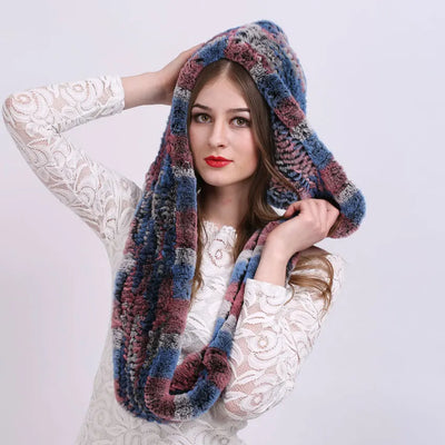 Women Knitted Real Rex Rabbit Fur Hat Hooded Scarf Winter Hats for Woman Fall Cap Warm Natural Fur Hat with Neck Scarves Bonnets