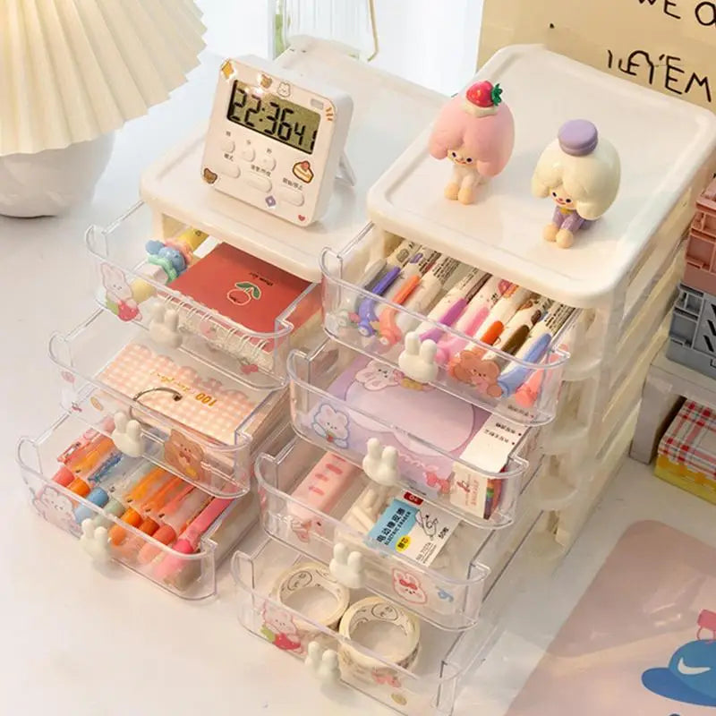 Cute Desktop Drawer Storage Box Japanese Transparent Drawer Multi-layer Office Stationery Cosmetics Student Desk Organizer Rack