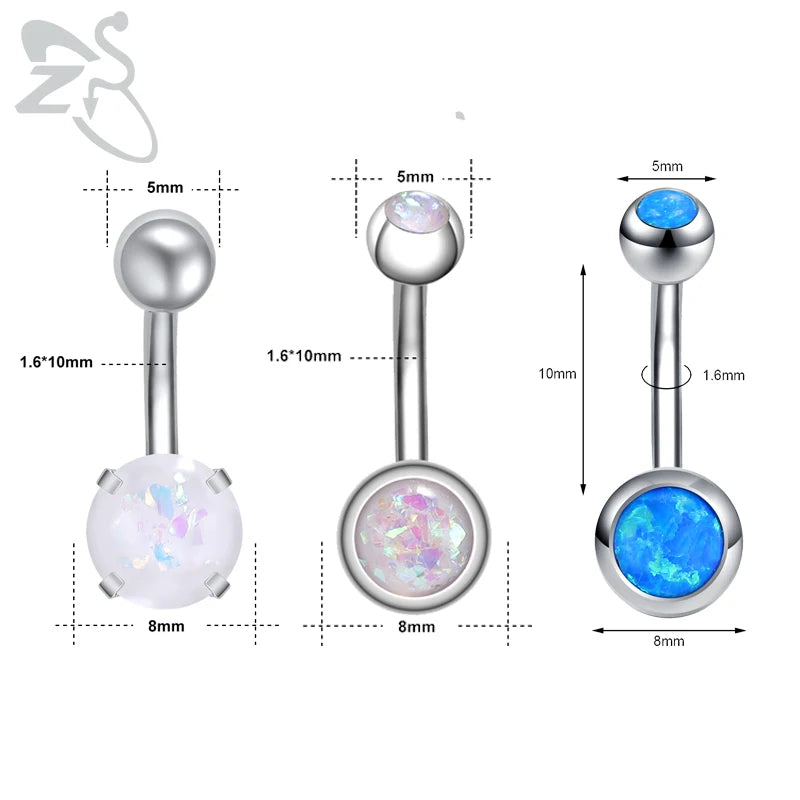 ZS 1PC 14g Stainless Steel Round Belly Button Ring for Women With Opal Navel Piercing Body Jewlery Ombligo 5MM Ball Nombril