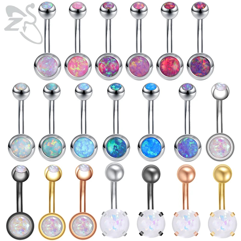 ZS 1PC 14g Stainless Steel Round Belly Button Ring for Women With Opal Navel Piercing Body Jewlery Ombligo 5MM Ball Nombril