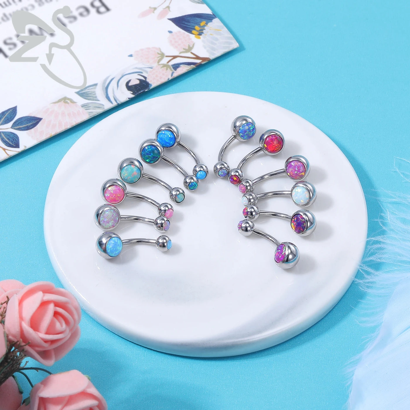 ZS 1PC 14g Stainless Steel Round Belly Button Ring for Women With Opal Navel Piercing Body Jewlery Ombligo 5MM Ball Nombril